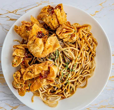 Stir-fry egg noodles with fried pork siomai